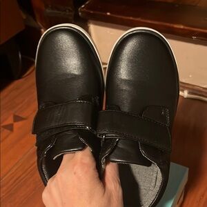 Black Dress Shoes with Velcro Straps and Faux Leather Finish